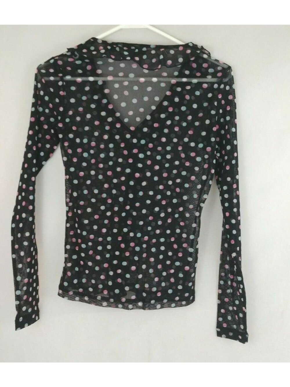 New York & Company Sheer Black Polka Dot Ruffle Shirt 3/4 Sleeves Size XS